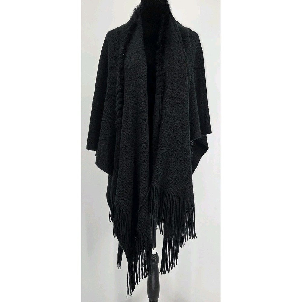 Vintage Y2K Cejon Rabbit Fur Trim Fringe Wrap Shawl Black